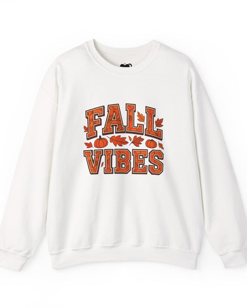 White sweatshirt with 'Fall Vibes' text and autumn-themed graphics on a white background