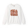White sweatshirt with 'Fall Vibes' text and autumn-themed graphics on a white background