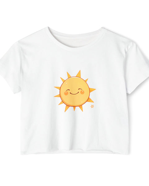 White t-shirt with a smiling sun graphic on a white background