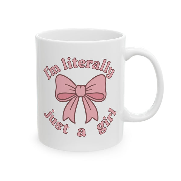 White mug with pink bow and text on a white background