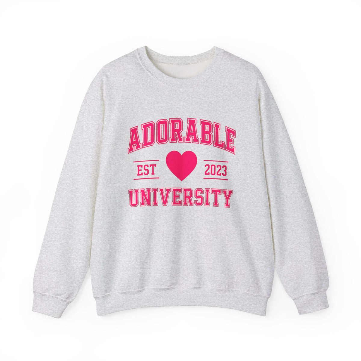 Grey crewneck sweatshirt with 'ADORABLE UNIVERSITY EST 2023' printed in pink on the front.