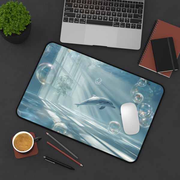 Desk setup with a dolphin-themed desk mat, laptop, and office supplies on a dark surface.