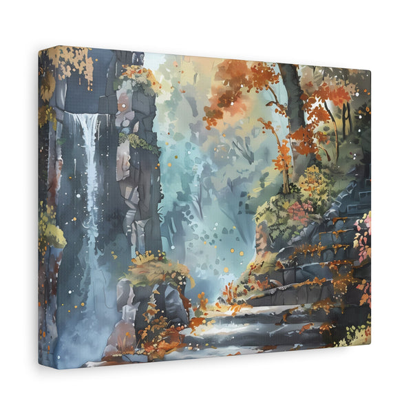 An anime fantasy canvas print featuring a mountainous landscape with autumn colors and a rugged path.