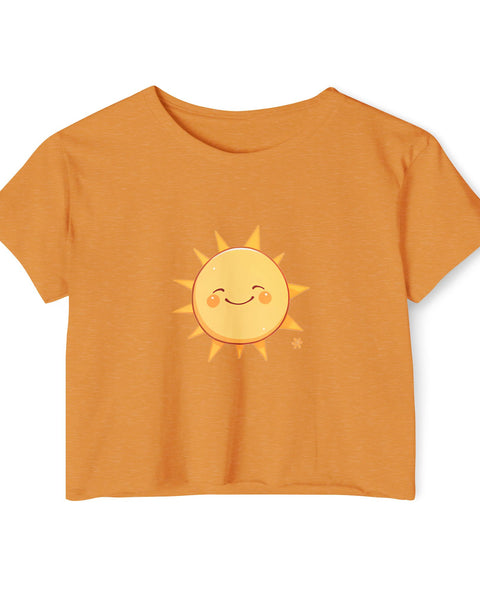 Orange t-shirt with a smiling sun design on a white background