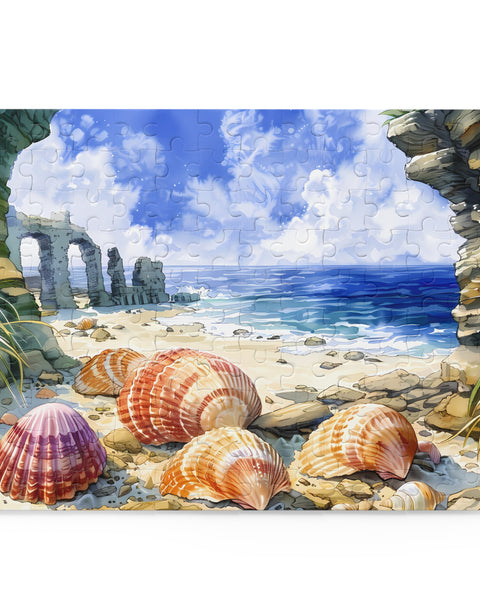Jigsaw puzzle with a beach scene featuring shells and stone arches. 120 pieces