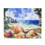 Jigsaw puzzle with a beach scene featuring shells and stone arches. 120 pieces