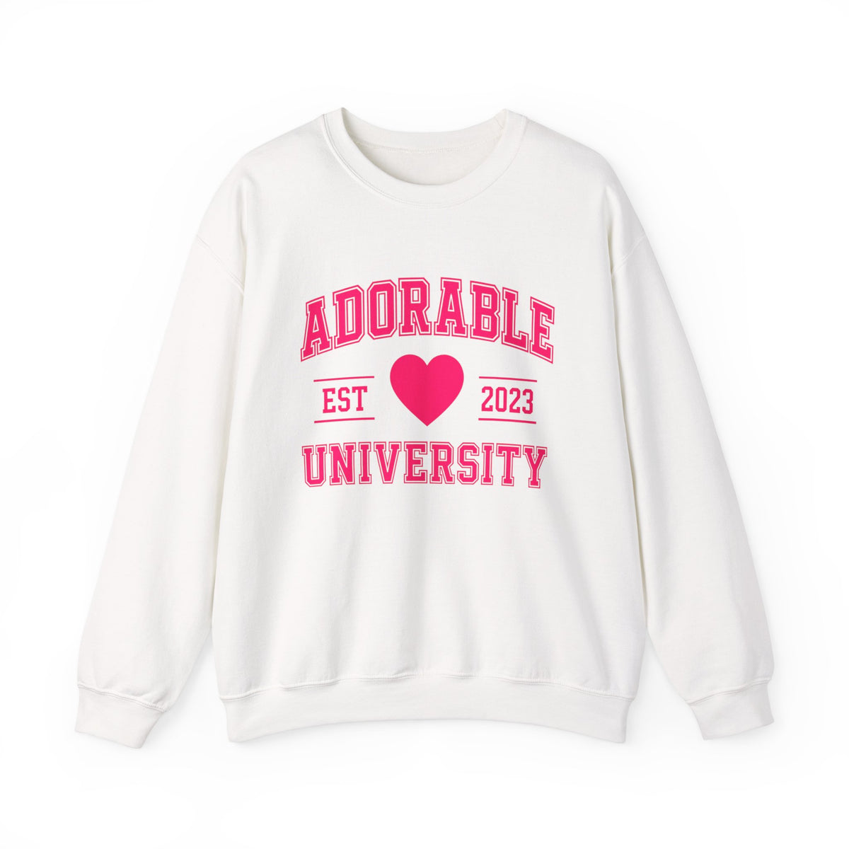 White crewneck sweatshirt with 'ADORABLE UNIVERSITY EST 2023' printed in pink on the front.