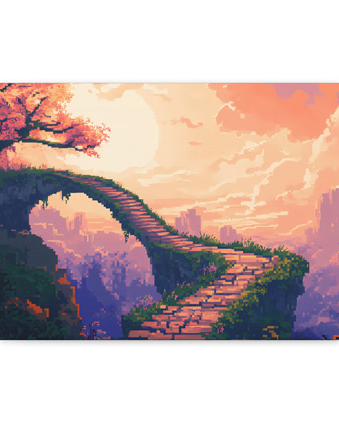 A canvas print featuring a vibrant anime pixel art depiction of a winding road with a tree and a cityscape in the background.
