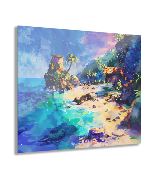 A colorful watercolor glass wall art depicting a cove scene with a shelter, trees, and a vibrant ocean.