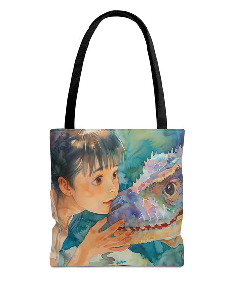 A colorful anime-style tote bag featuring a character interacting with a dragon, with a predominantly nature-based palette.