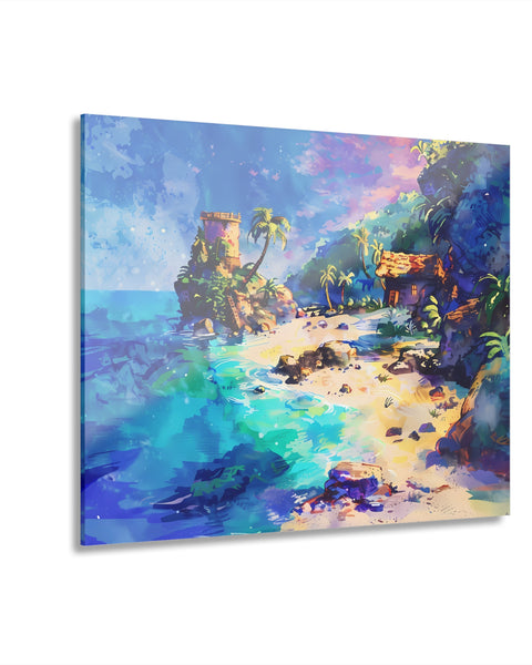 A colorful watercolor glass wall art depicting a cove scene with a shelter, trees, and a vibrant ocean.