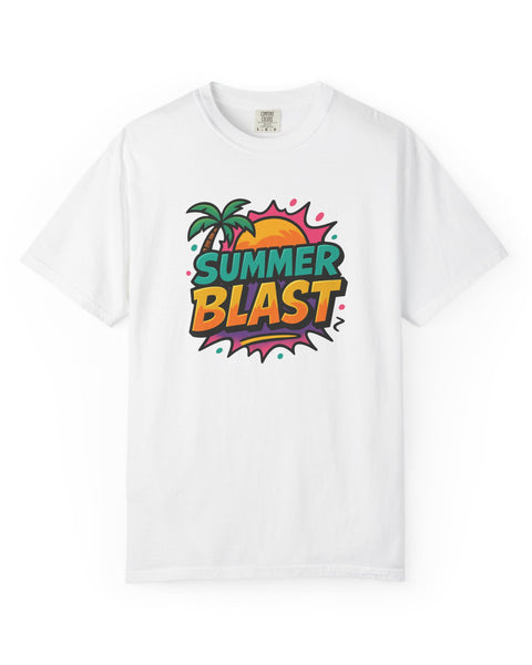 White t-shirt with 'Summer Blast' graphic design on a white background