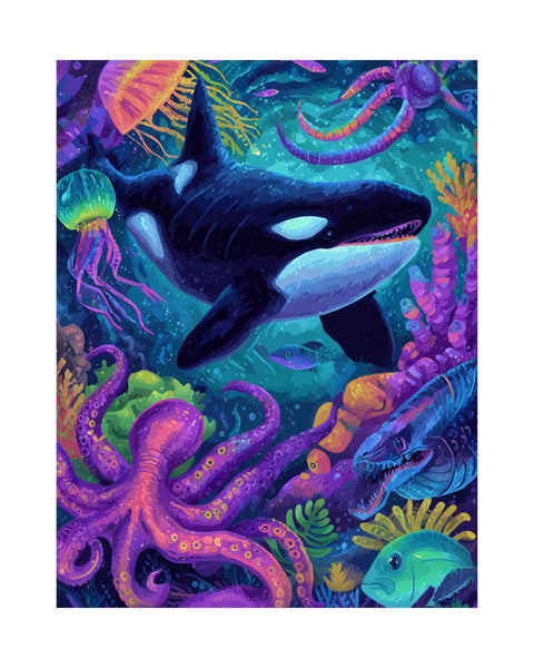 A colorful abstract undersea poster featuring a large orca whale with a vibrant and playful marine scene in the background, including jellyfish and coral.