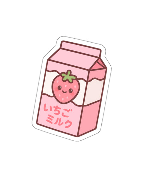 Anime-style strawberry milk carton sticker with a cute strawberry on a white background