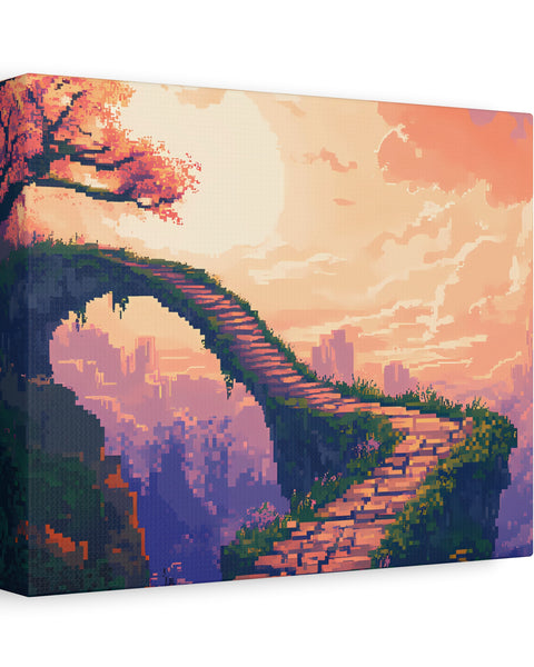 A canvas print featuring a vibrant anime pixel art depiction of a winding road with a tree and a cityscape in the background.