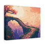 A canvas print featuring a vibrant anime pixel art depiction of a winding road with a tree and a cityscape in the background.