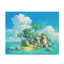 A jigsaw puzzle depicting a colorful and vibrant anime-style tropical island scene with blue sky, green trees, and a small village.