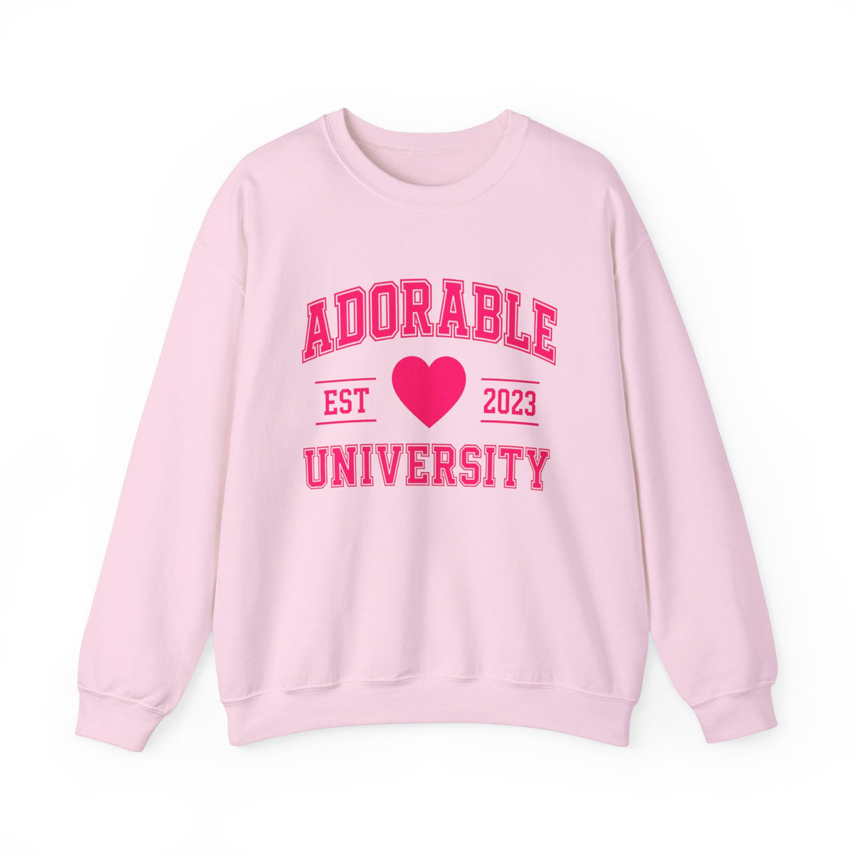 Light pink crewneck sweatshirt with 'ADORABLE UNIVERSITY EST 2023' printed in pink on the front.