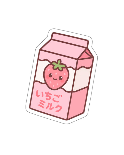 Anime-style strawberry milk carton sticker with a cute strawberry on a white background