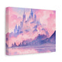 A canvas print featuring original pastel fantasy artwork of a mystical city with castle-like structures amidst a scenic landscape with mountains and a body of water.