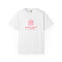 White t-shirt with pink baby dress graphic and 'baby girl clothes boutique' text on a white background