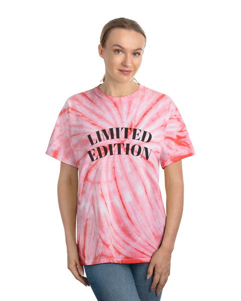 Woman wearing a pink tie-dye t-shirt with 'LIMITED EDITION' text on a white background