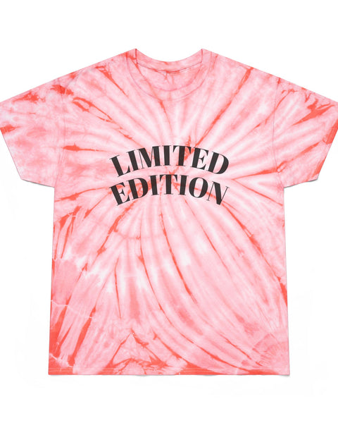 Pink tie-dye t-shirt with 'LIMITED EDITION' text on a white background