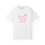 White t-shirt with 'heart circle club' text and pink hearts on a white background