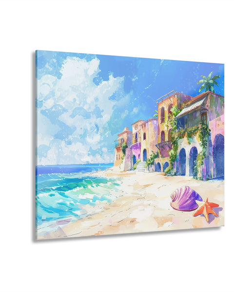 An acrylic glass painting featuring a colorful beach scene with anime-style buildings and a clear blue sky.