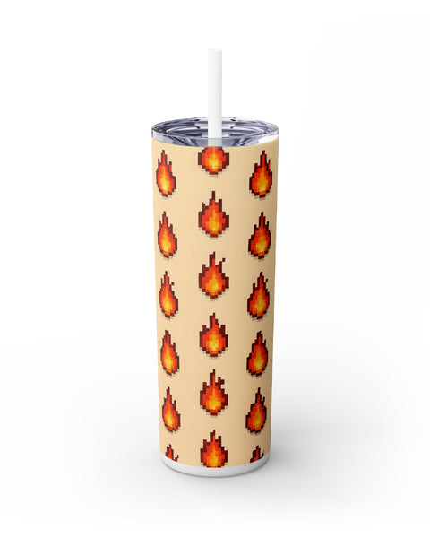 Skinny Tumbler with pixelated fire pattern on a beige background