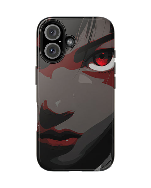 Phone case with a design of a face with red eyes on a white background