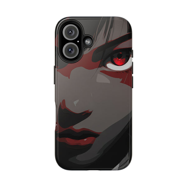Phone case with a design of a face with red eyes on a white background