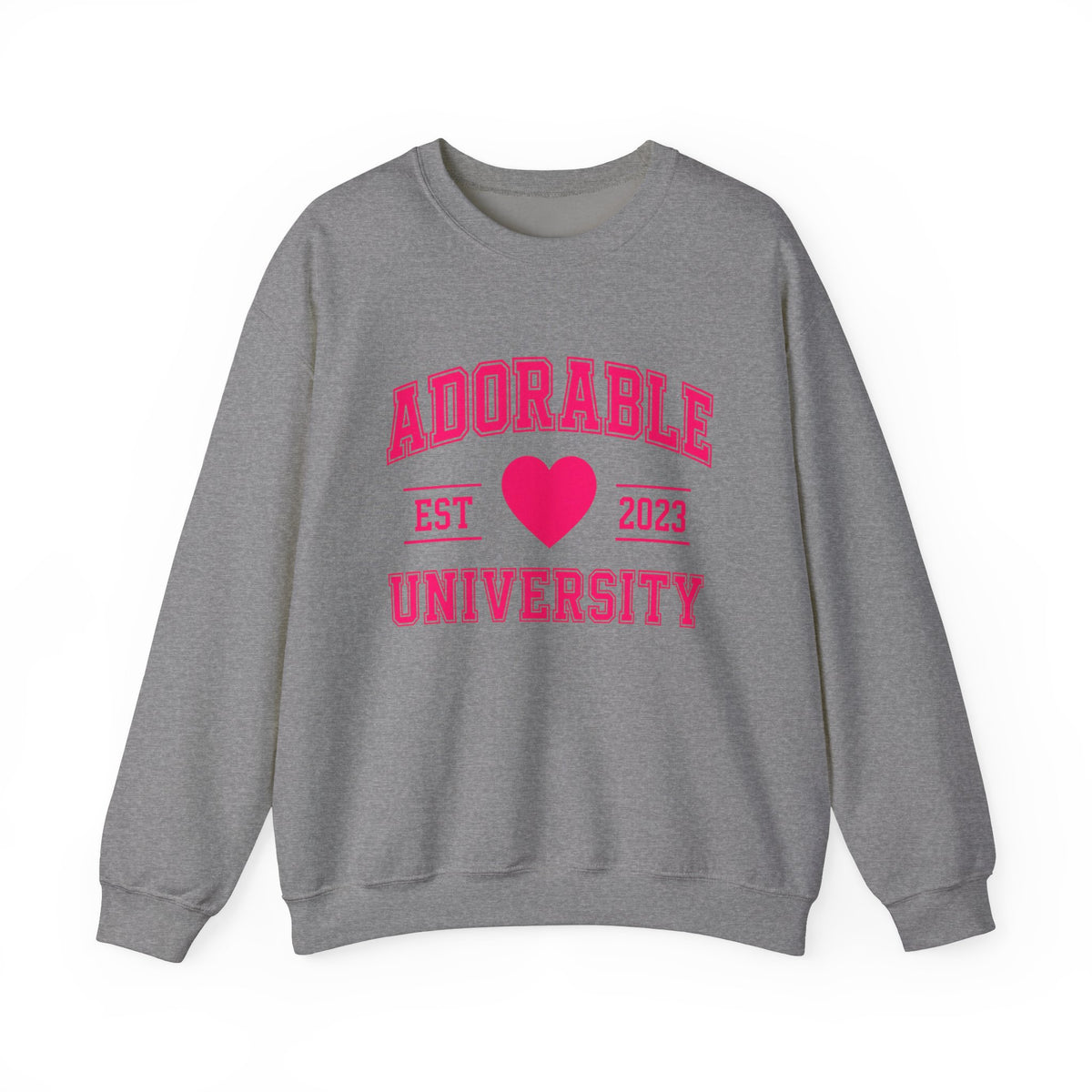 Dark grey crewneck sweatshirt with 'ADORABLE UNIVERSITY EST 2023' printed in pink on the front.