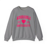 Dark grey crewneck sweatshirt with 'ADORABLE UNIVERSITY EST 2023' printed in pink on the front.