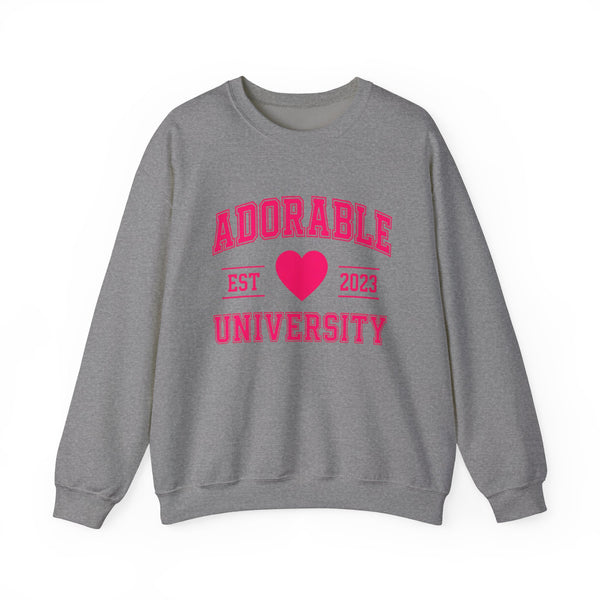Dark grey crewneck sweatshirt with 'ADORABLE UNIVERSITY EST 2023' printed in pink on the front.