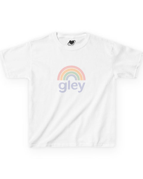 White t-shirt with a rainbow and 'gley' text on a white background