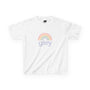 White t-shirt with a rainbow and 'gley' text on a white background