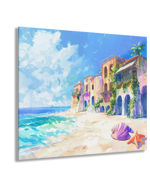 An acrylic glass painting featuring a colorful beach scene with anime-style buildings and a clear blue sky.