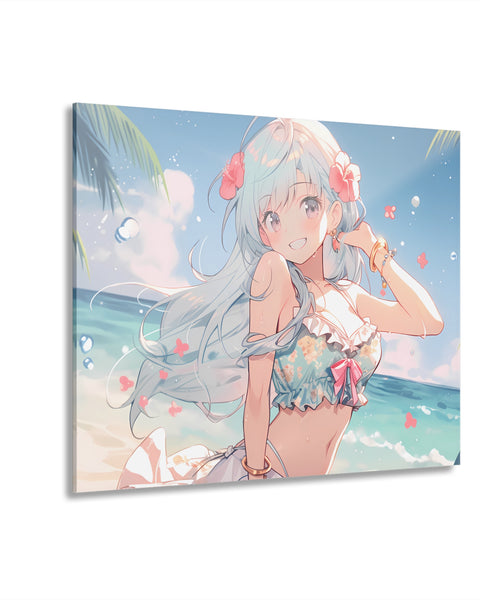 Anime glass painting featuring a girl with light blue hair at a beach, with a clear blue sky, ocean, and palm trees in the background.