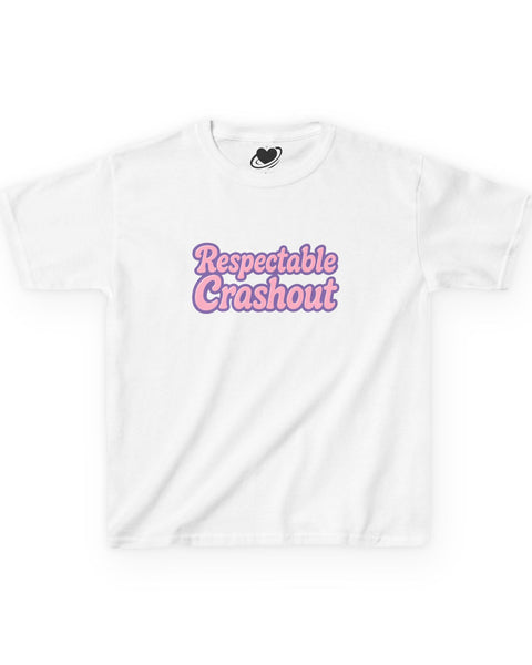 White t-shirt with pink text 'Respectable Crashout' on a white background