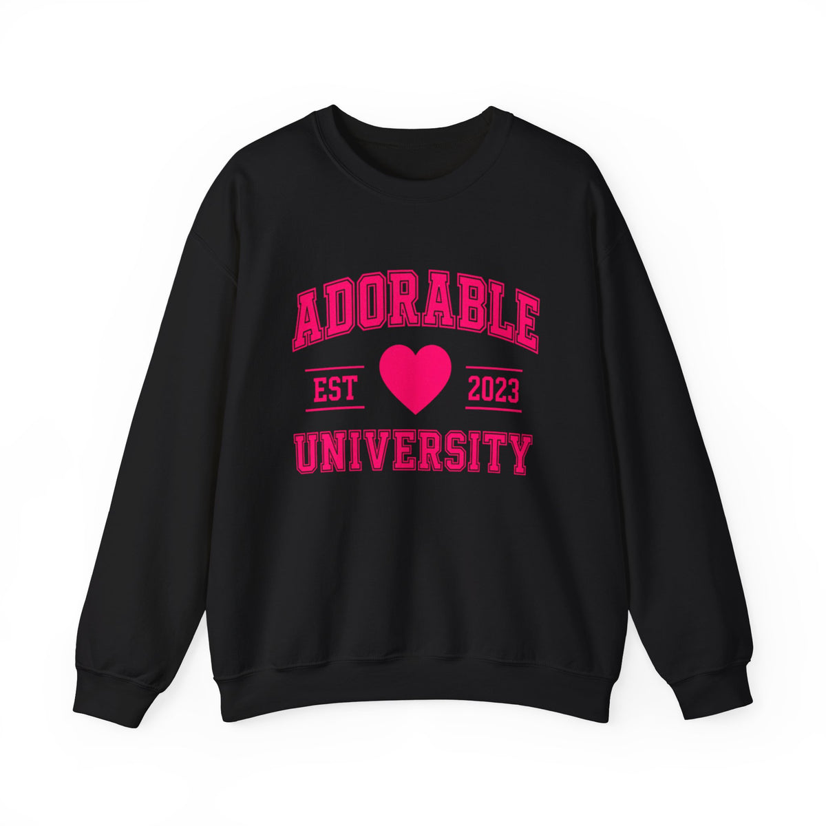 Black crewneck sweatshirt with 'ADORABLE UNIVERSITY EST 2023' printed in pink on the front.