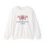 White sweatshirt with 'Peppermint Lane' design featuring candy canes and a shield on a white background.