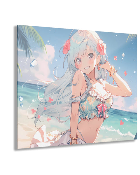 Anime glass painting featuring a girl with light blue hair at a beach, with a clear blue sky, ocean, and palm trees in the background.