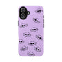 Purple phone case with black skull patterns on a white background
