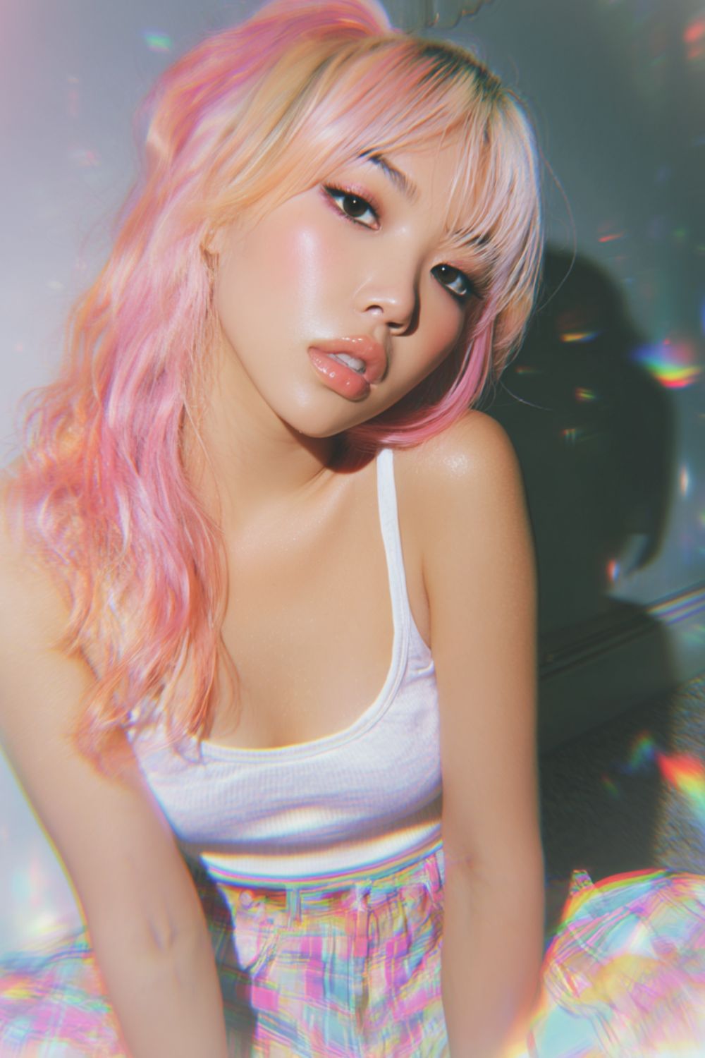 Woman with pastel pink hair wearing a white tank top and rainbow dress