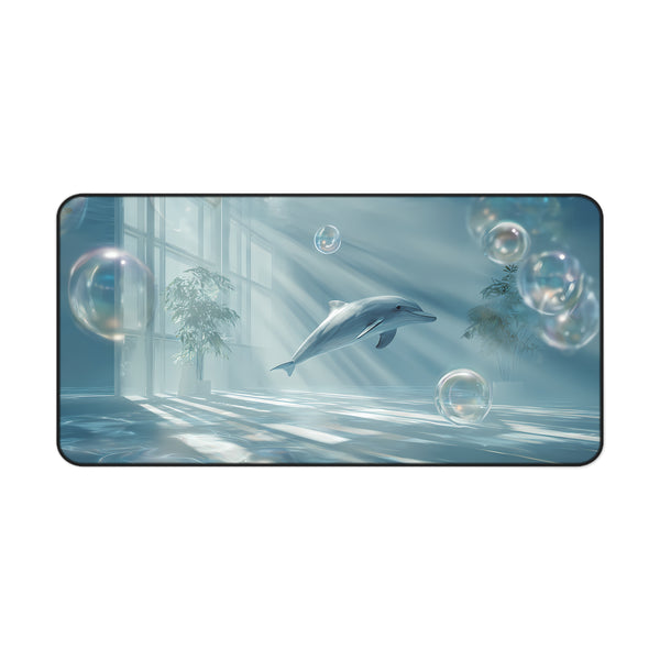 Desk mat featuring a dolphin swimming in a futuristic indoor setting with light beams and bubbles