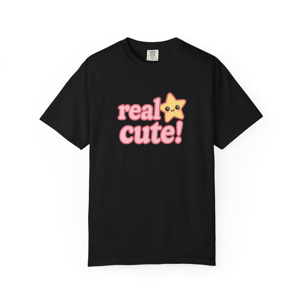 Black t-shirt with 'real cute!' text and a star graphic on a white background