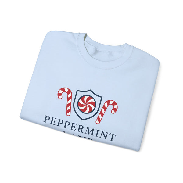 Folded light blue sweatshirt with peppermint-themed design on a white background