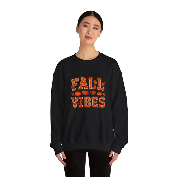 Person wearing a black sweatshirt with 'FALL VIBES' text on a white background