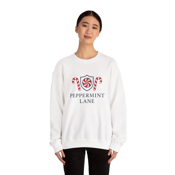 Person wearing a white sweatshirt with 'Peppermint Lane' design on a white background